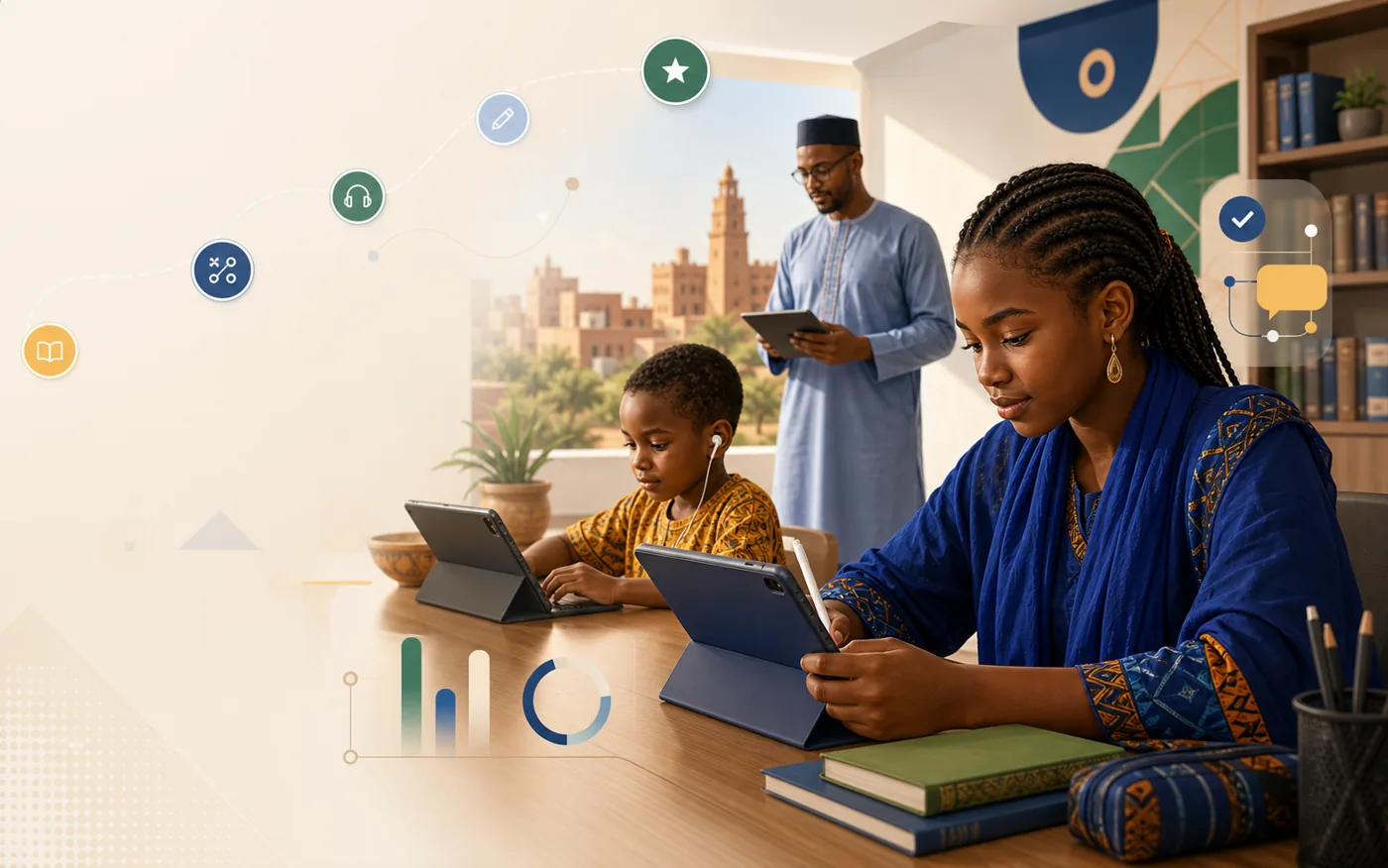 Des apprenants maliens et un enseignant utilisent Anw Kalan